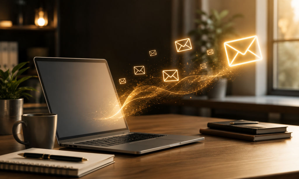 email coming out of a laptop on a table concept with a cup of coffee and a notepad