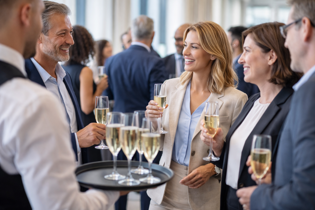 Champagne reception in a sunlit hall
