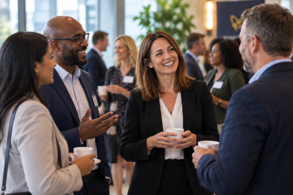 Diverse business owners building professional relationships and sharing referrals at a business networking event.