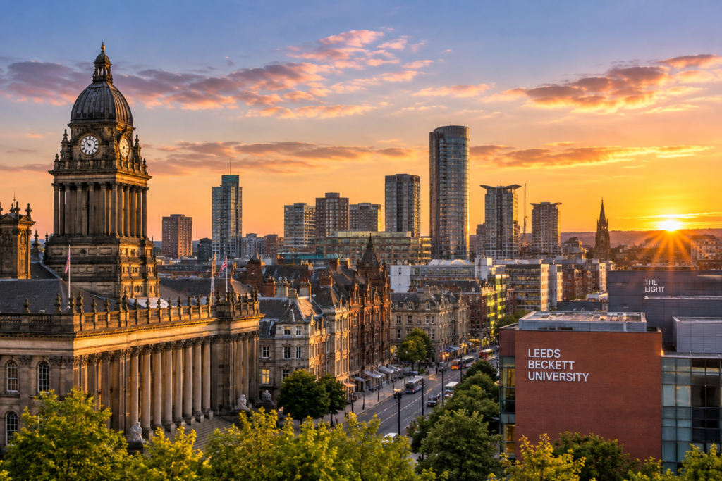 Leeds city centre skyline at sunset, showing historic architecture and modern buildings in West Yorkshire.