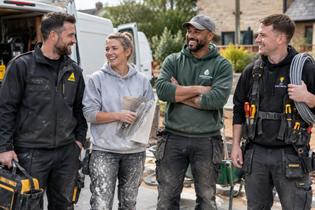 Diverse group of tradespeople, including a gas engineer, plasterer, landscaper and electrician, building professional connections.